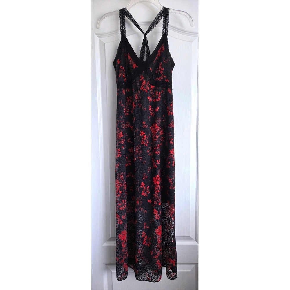 Almost Famous Black Red Floral Lace Babydoll Maxi Dress XL Sleeveless Whimsygoth
